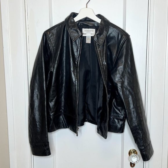 Vintage Liz Claiborne Shiny Leather Zip-Front Jacket - XL Lizsport - Picture 1 of 8